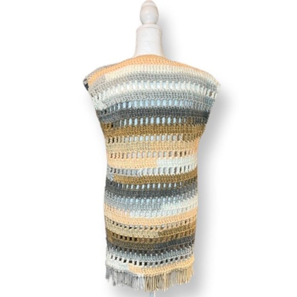 Boho Hand Crocheted Long Open Vest with Fringe in Autumnal Colors - Picture 8 of 8